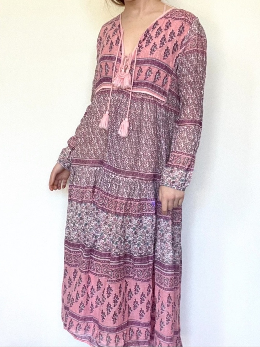 Blue Boheme Pink Purple Floral Paisley Bohemian Cotton Peasant Dress Women’s S/M